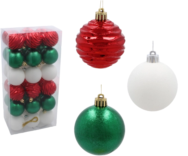 Juego de 36 bolas navideñas de 6 cm en colores rojo, verde y blanco