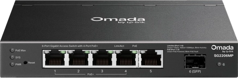 Switch gigabit TP-Link Omada con 4× PoE+ y 1× SFP (6 puertos)