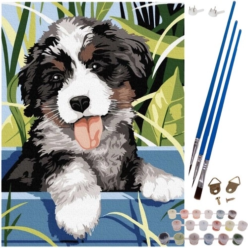 Pintura por números 40 × 30 cm – perrito en lienzo con marco de madera