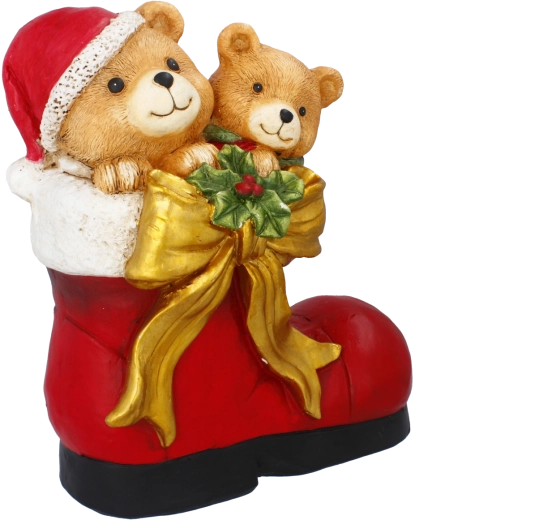 Figura navideña de ositos en la bota de Papá Noel