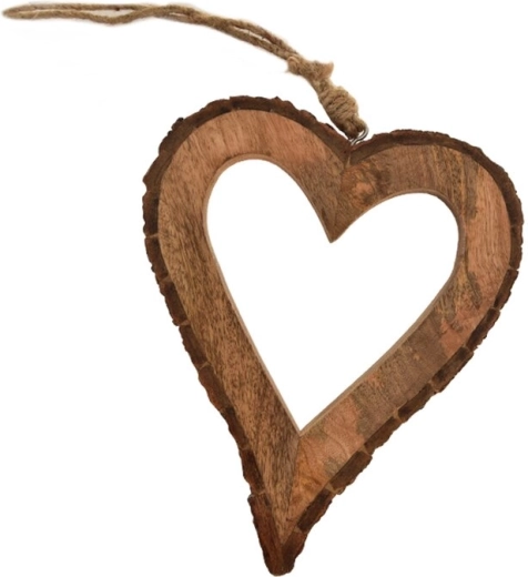 Decoración colgante corazón de madera de mango con efecto de corteza