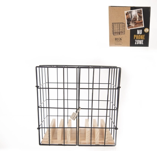 Caja fuerte con cerradura para móvil de madera y metal 19 × 11 × 19 cm