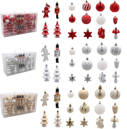 Set de 50 adornos navideños en color rojo, plata y oro