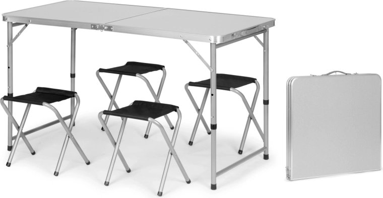 Mesa turística plegable en maletín con altura ajustable y 4 taburetes 120 × 60 cm, plateada