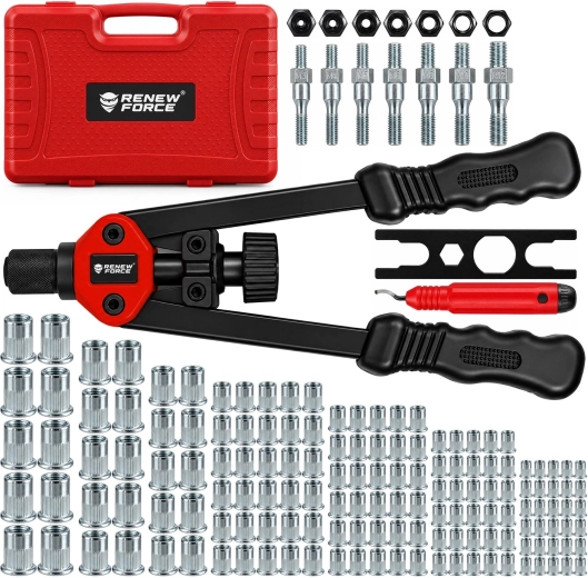 Alicates manuales de palanca para remaches roscados Renew Force M3–M12 con accesorios