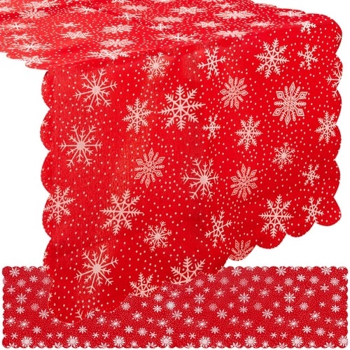 Camino de mesa navideño rojo con copos de nieve blancos 150 x 35 cm