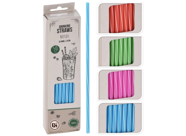 Juego de pajitas reutilizables de 22 cm, diámetro 6 mm – mezcla de colores con rayas (50 uds.)