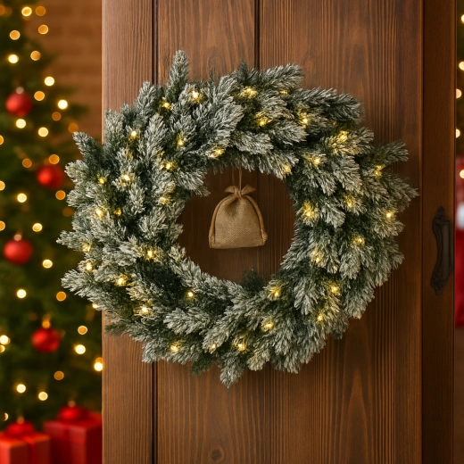 Corona navideña de pino 60 cm, muy nevada con LED - 1 pieza