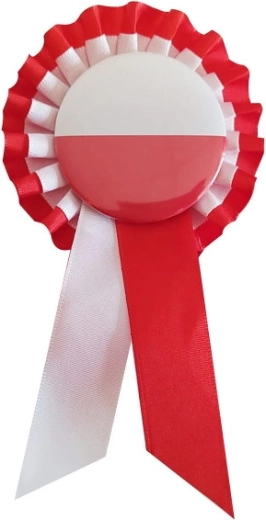 Escarapela en colores blanco y rojo con imperdible de sujeción