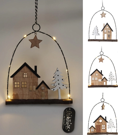 Decoración navideña colgante casita con LED, metal y madera, 20,5 cm