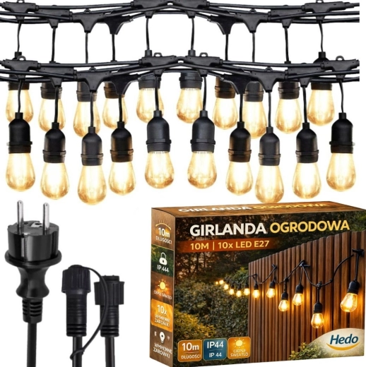Guirnalda luminosa exterior de 10 m con 10 bombillas LED E27, blanco cálido, IP44