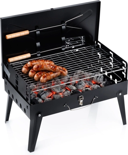 Parrilla de carbón portátil plegable Vilde tipo maletín con accesorios 43 × 26 × 29 cm