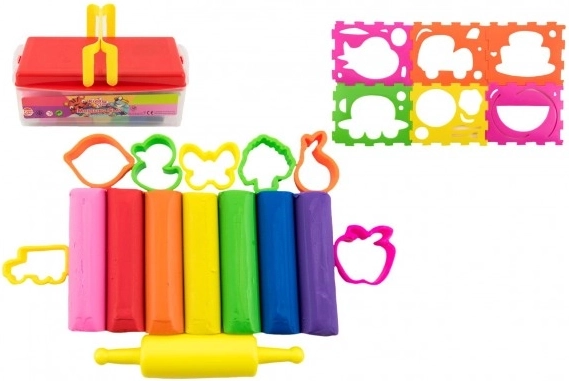 Juego de plastilinas de colores con moldes y rodillo en caja de plástico