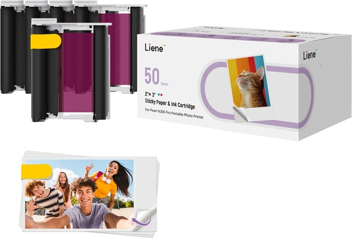 Liene papel fotográfico 2×3" autoadhesivo, 50 hojas + 5 cartuchos de tinta