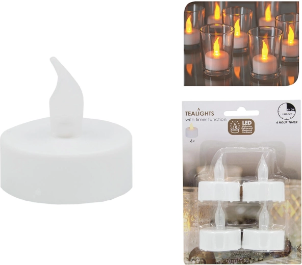 Juego de velas de té LED con temporizador, blanco, diámetro 3,5 cm (4 uds.)