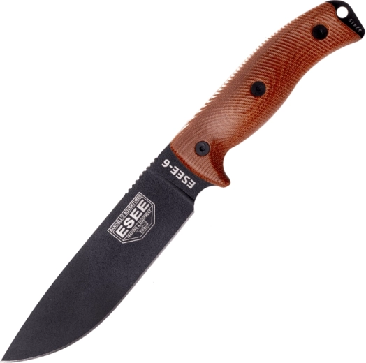 Cuchillo de supervivencia ESEE Model 6 con hoja negra y mango marrón de Micarta