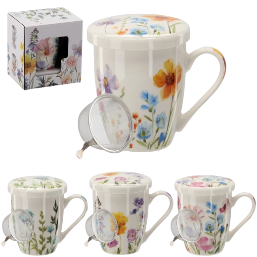 Taza de porcelana con filtro de acero inoxidable y tapa 340 ml – motivo floral