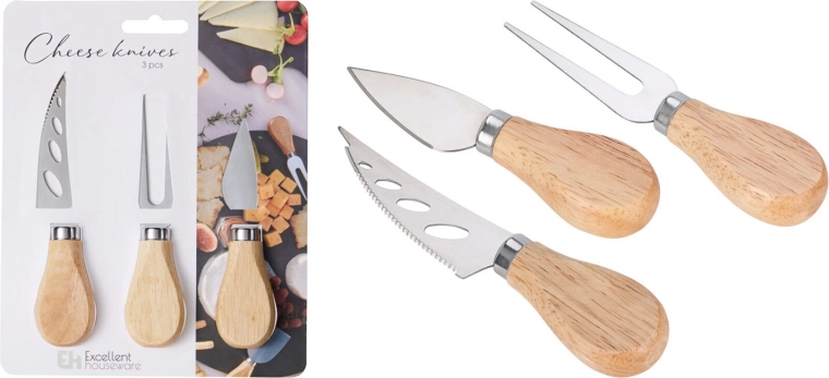 Juego para queso de acero inoxidable y madera de caucho, 3 piezas