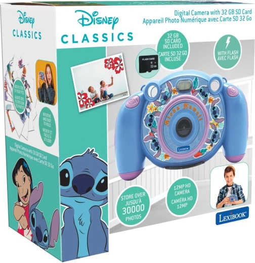 Cámara HD y cámara de fotos infantil Lexibook Stitch con tarjeta SD