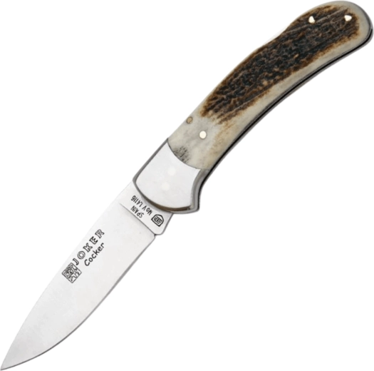 Navaja outdoor de bolsillo Joker Cocker, 9 cm, satinado, asta de ciervo