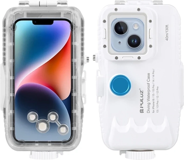 Carcasa de buceo impermeable PULUZ para iPhone hasta 40 m con válvula unidireccional, blanca