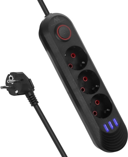 Regleta alargadora con protección contra sobretensiones y USB MCE394, 3 tomas Schuko + 3× USB, 1,5 m, negra