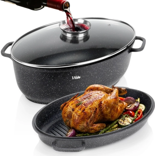 Asadora de granito 3 en 1 con tapa GRANITICA 8 + 3,2 l, 39 × 26,5 × 18 cm