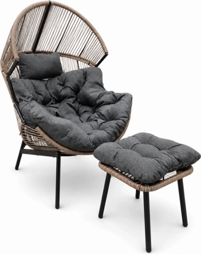 Sillón de jardín tipo capullo con reposapiés y cojines en acabado negro‑marrón