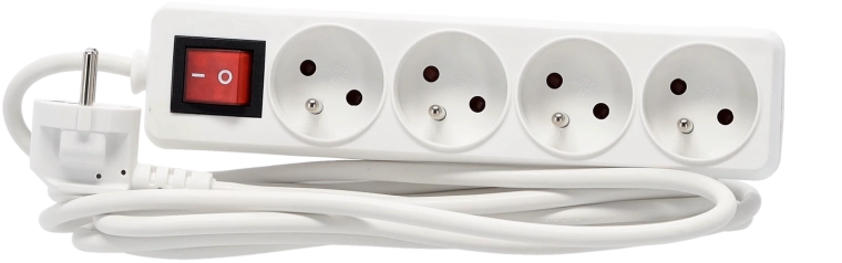 Regleta alargadora con interruptor, 4 enchufes, 3 m, blanca