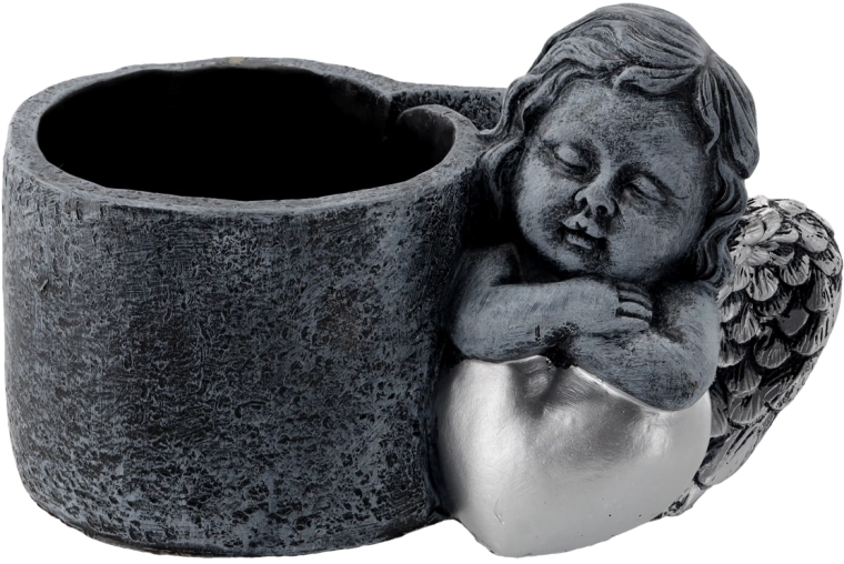 Macetero funerario de cemento con angelito, gris oscuro plateado 24,5 × 14 × 15 cm