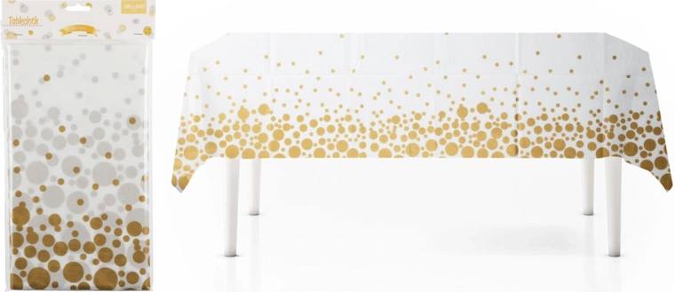 Mantel de franela 130 × 220 cm blanco con lunares dorados