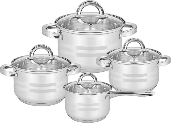 Remo juego de ollas de acero inoxidable de 8 piezas con tapas de vidrio