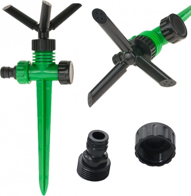 Aspersor giratorio de jardín 360° con 3 brazos y pica de tierra
