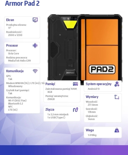 Tableta resistente Ulefone Armor Pad 2 4G 11" 8/256 GB IP69K – Negro