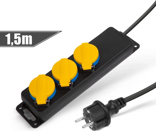 Alargador eléctrico para exteriores con tapas, 1,5 m, 3 tomas de 230 V, IP44