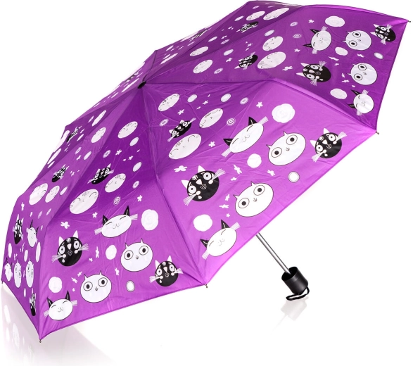 Paraguas plegable de 52 cm morado con gatitos que cambia de color