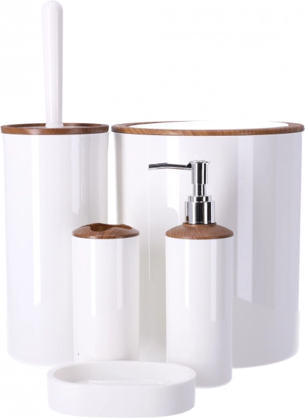 Juego de accesorios de baño BERRETTI de 5 piezas, blanco con detalles de madera
