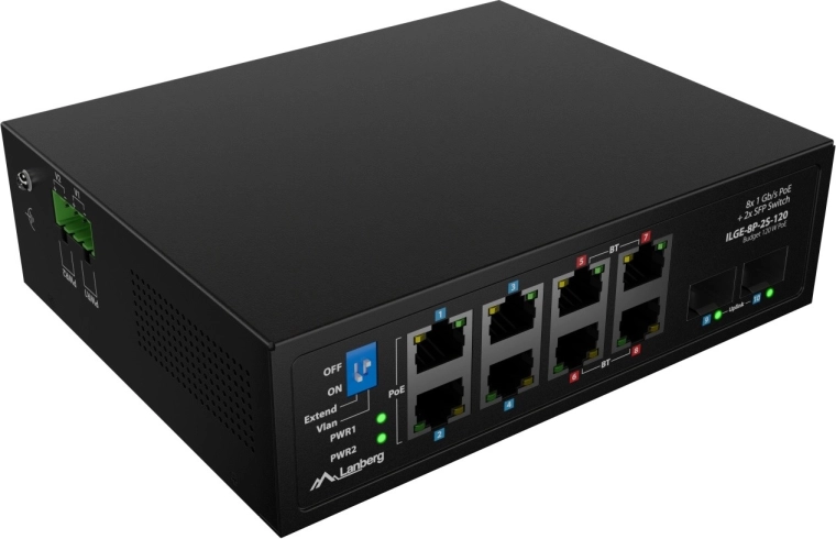 Lanberg ILGE-8P-2S-120 switch industrial Gigabit PoE++ para carril DIN
