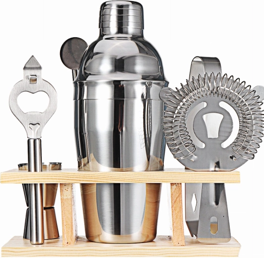 Juego de coctelería profesional con shaker y soporte de madera