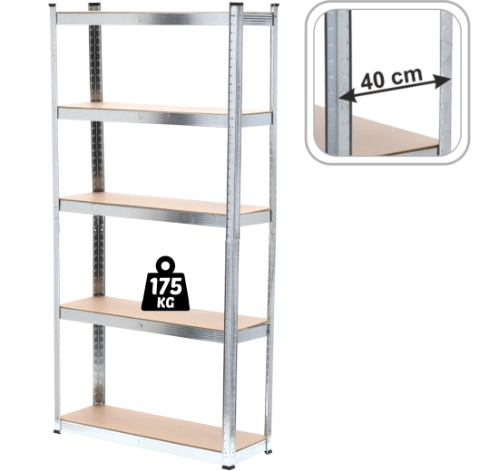 Estantería metálica de cinco niveles 220 × 90 × 40 cm, capacidad de carga por balda 175 kg