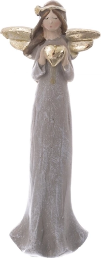 Figura de ángel con corazón de poliresina gris/dorada 15 cm