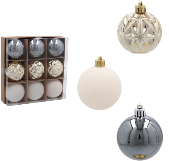 Set de bolas navideñas de 6 cm en tonos champán, gris y blanco – 9 uds.