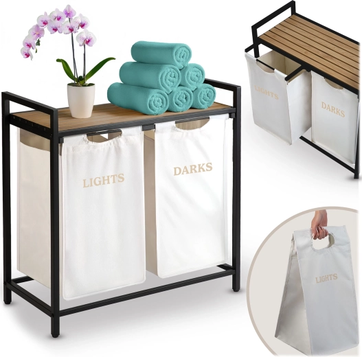 Cesto para la ropa Massido de dos compartimentos con estante, 80 l