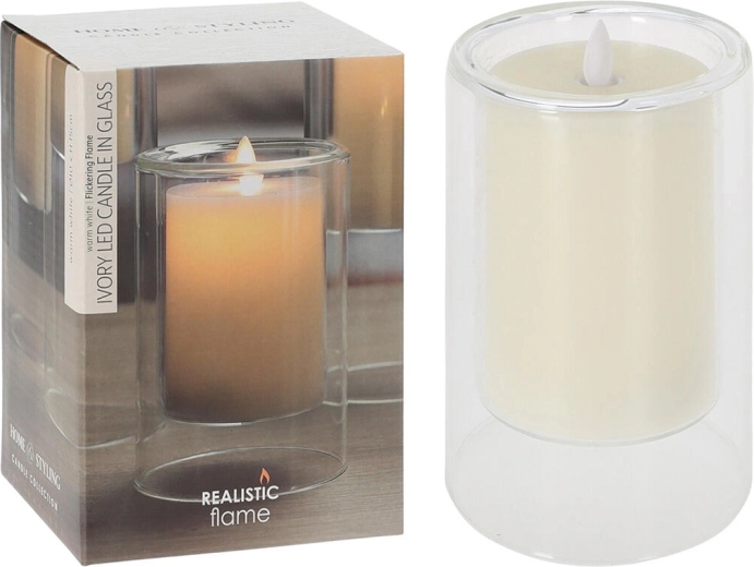 Vela LED en vidrio Ivory 10 × 15 cm con llama parpadeante