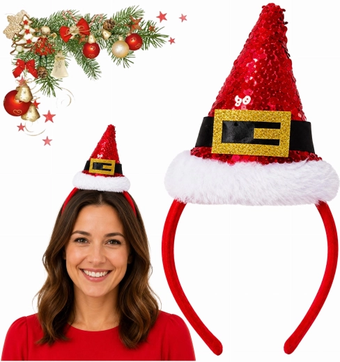 Diadema navideña con mini gorro de lentejuelas de Papá Noel