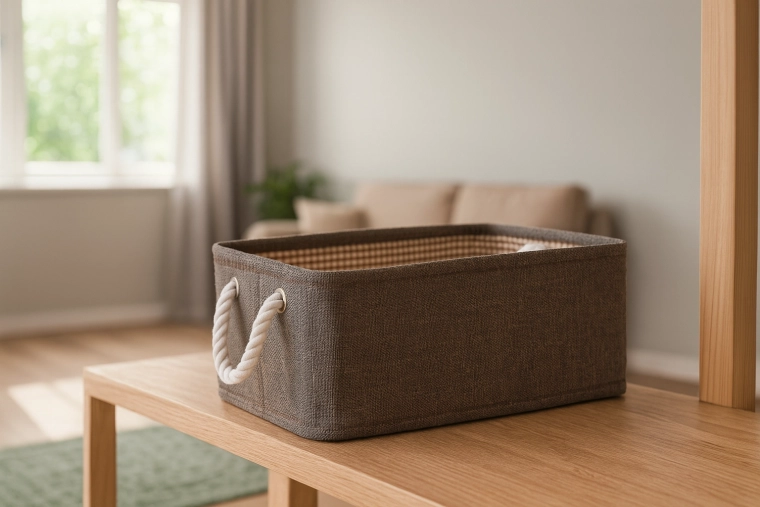 Cesta textil de almacenaje con asas de cuerda 30 × 40 × 18 cm marrón
