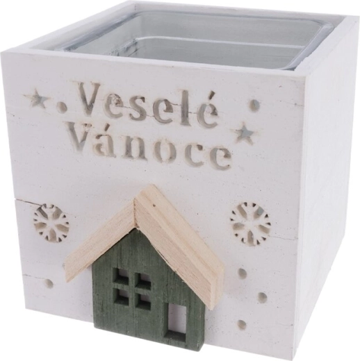 Portavelas de madera «Feliz Navidad» blanco