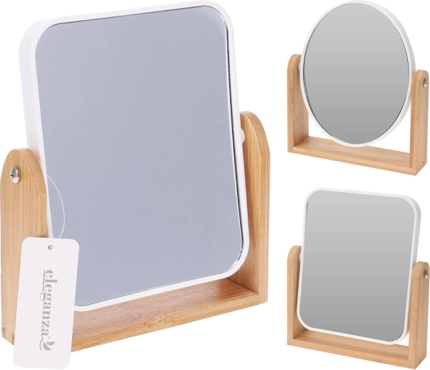 Espejo cosmético de baño con soporte 18 × 21 cm, vidrio y bambú