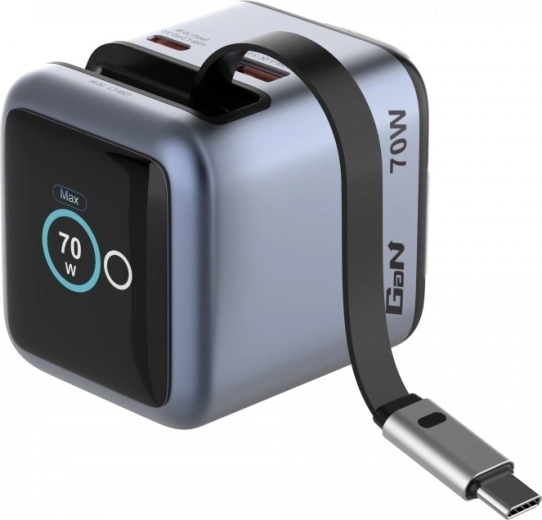 Verbatim mini cargador GaN 70 W con cable USB‑C retráctil y pantalla