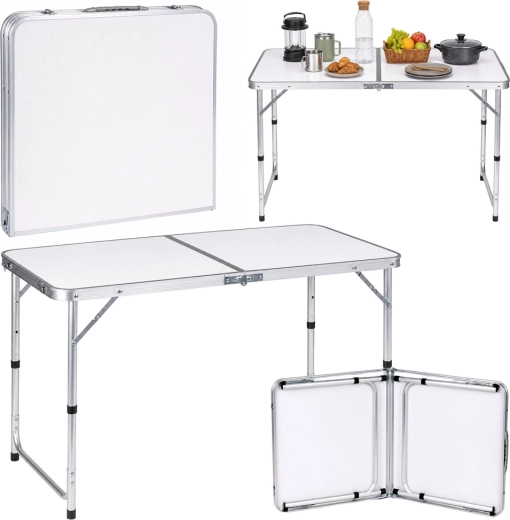 Mesa de camping plegable con altura ajustable en maletín, blanca